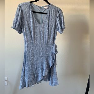 Gianni Bini blue & white mini dress w/ puffed sleeves and faux wrap tie side XS